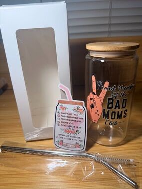 Bad Moms Clubs Glass Tumbler with Bamboo Lid & Straw